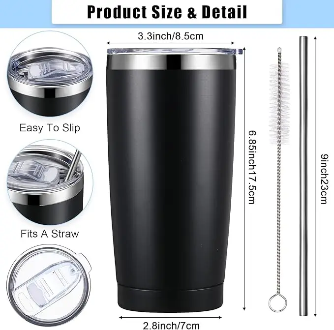 20 Pack Insulated Coffee Tumbler 20oz Stainless Steel Vacuum Travel Tumbler Cup with Lid and Straw Powder Coated Coffee Cup