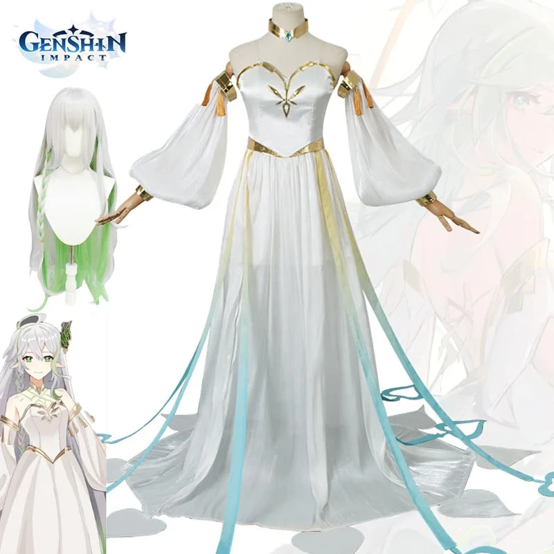 

Game The Greater Lord Rukkhadevata Nahida Cosplay Costume Genshin Impact White Long Dress Wig Women Halloween Carnival Clothing