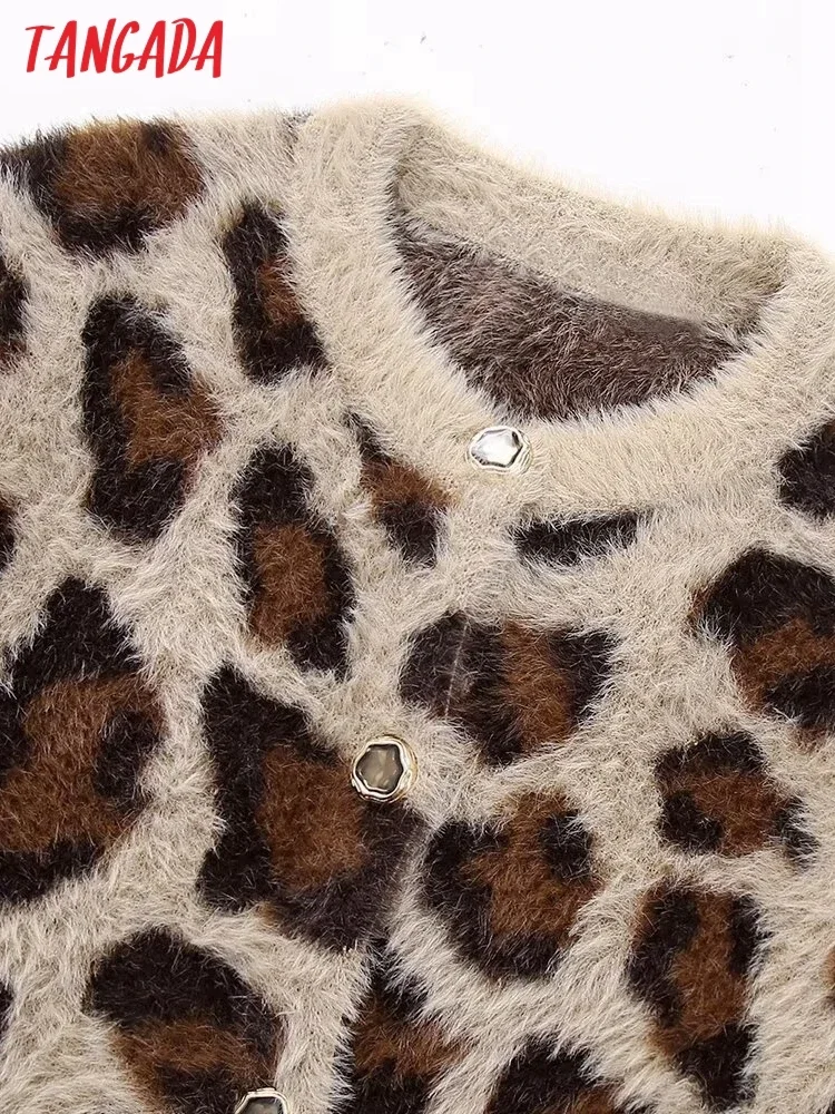 Tangada New Women Leopard Oversized Crop Knit Cardigan Sweaters Female Jumper Outwear BE184