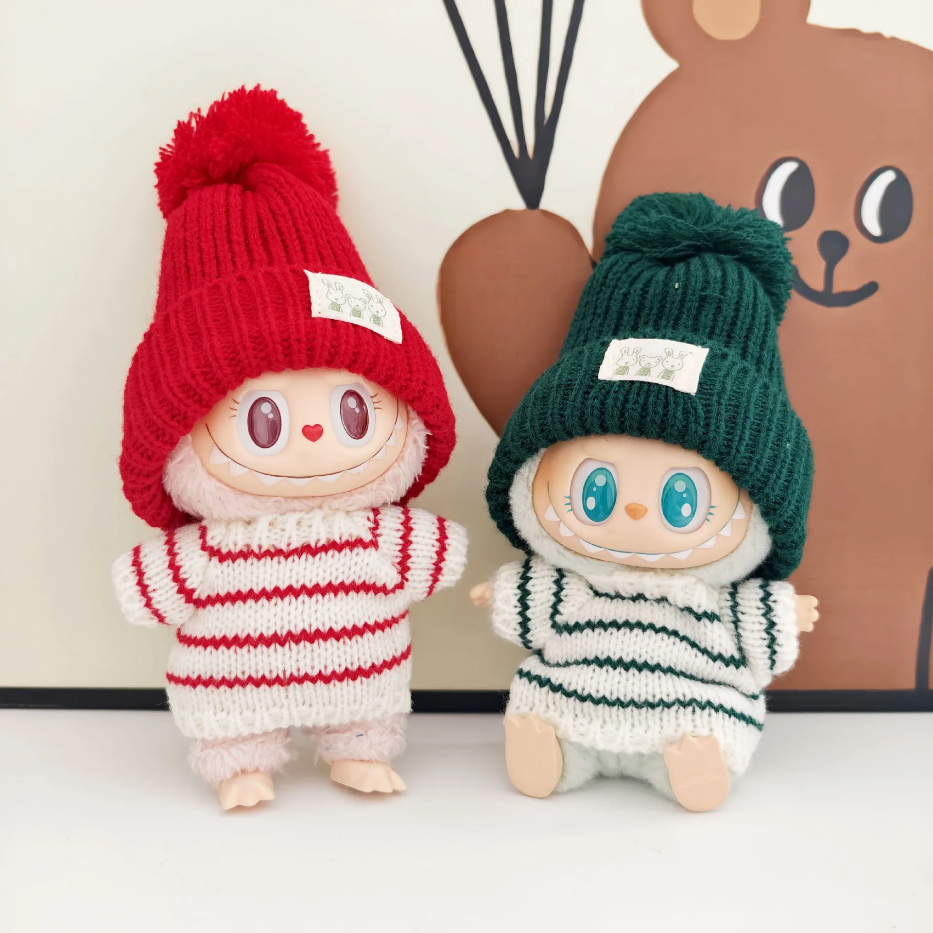 

Christmas/New Year Outfits For LABUBU Dolls 15cm/17cm 1st-3rd Gen Little Bear Knit Hat With Striped Sweater LABUBU Doll Clothing