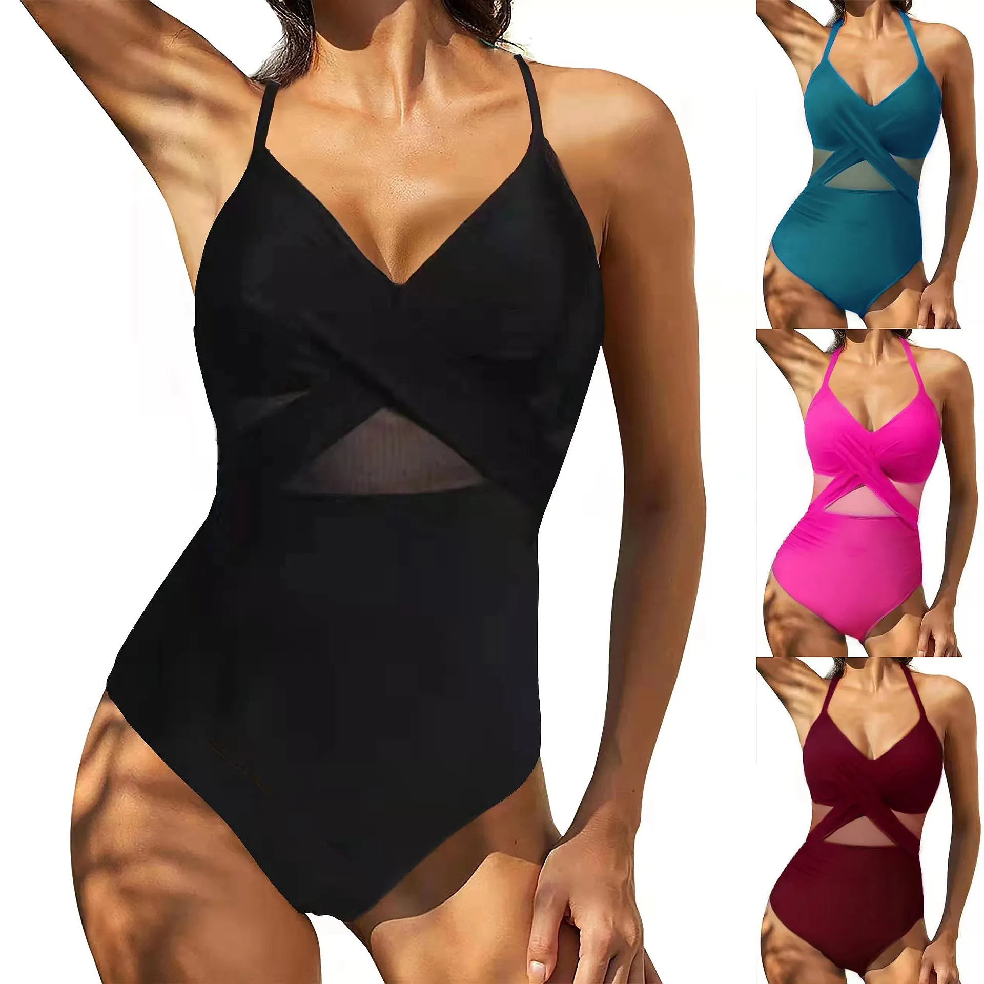 

2026 Cross Back Mesh Patchwork Bodycon Sexy One Piece Swimsuit Padded Bathing Suit For Women Summer Beach Pool Wear