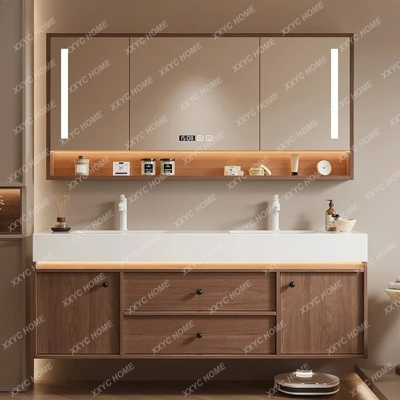 

Тумба для ванной комнаты с двойной раковиной из цельной каменной плиты под орех, в средневековом стиле