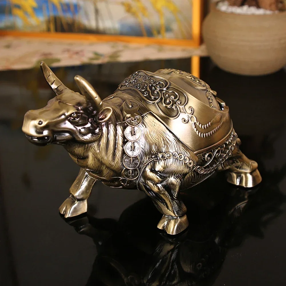 Bull Statues Retro Windproof Ashtrays With Cover Portable Smoker Metal Desktop Tray Decor Ash Holder Container Chinese Desktop