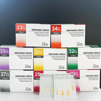 小さな痛みのない歯の注射器,使い捨て注射器,超微細美容針,まぶたツール部品,30g, 32g, 34g, 100個