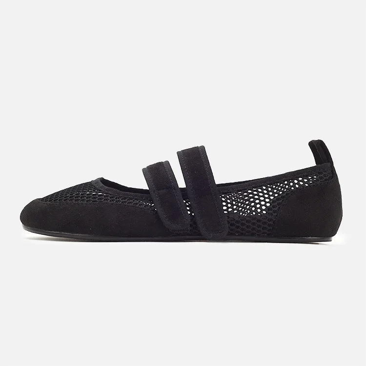 Hollow Out Black Mesh Flats Shoes Women Hook Loop Casual Streetwear Loafers Soft Ballet Shoes Ladies Summer Round Toe Mary Janes