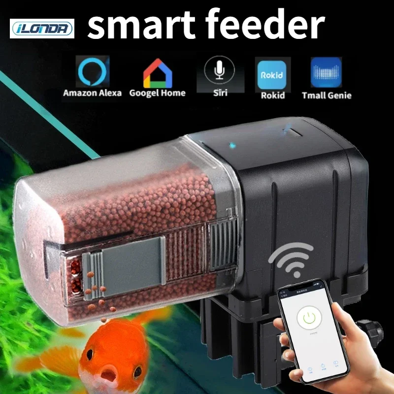 Alimentador automático de tanque de peces para acuario, sincronización/Wifi, aplicación inalámbrica para teléfono inteligente, altavoz inteligente,