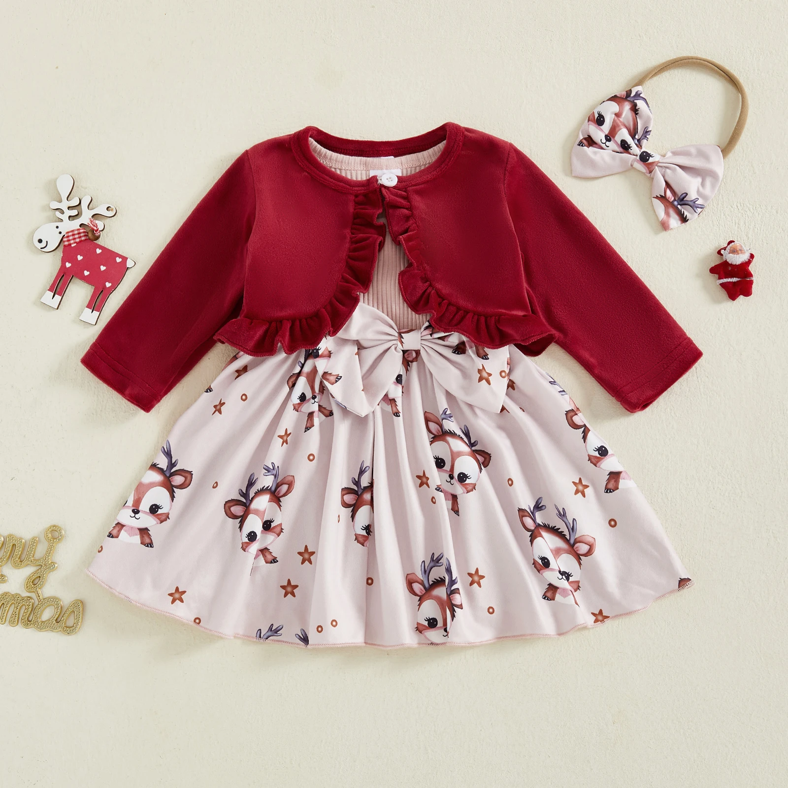 طفل فتاة ملابس عيد الميلاد بلا أكمام القوس فستان طويل الأكمام بلايز عقال مجموعة سويتي عيد الميلاد فستان الطفل الملابس