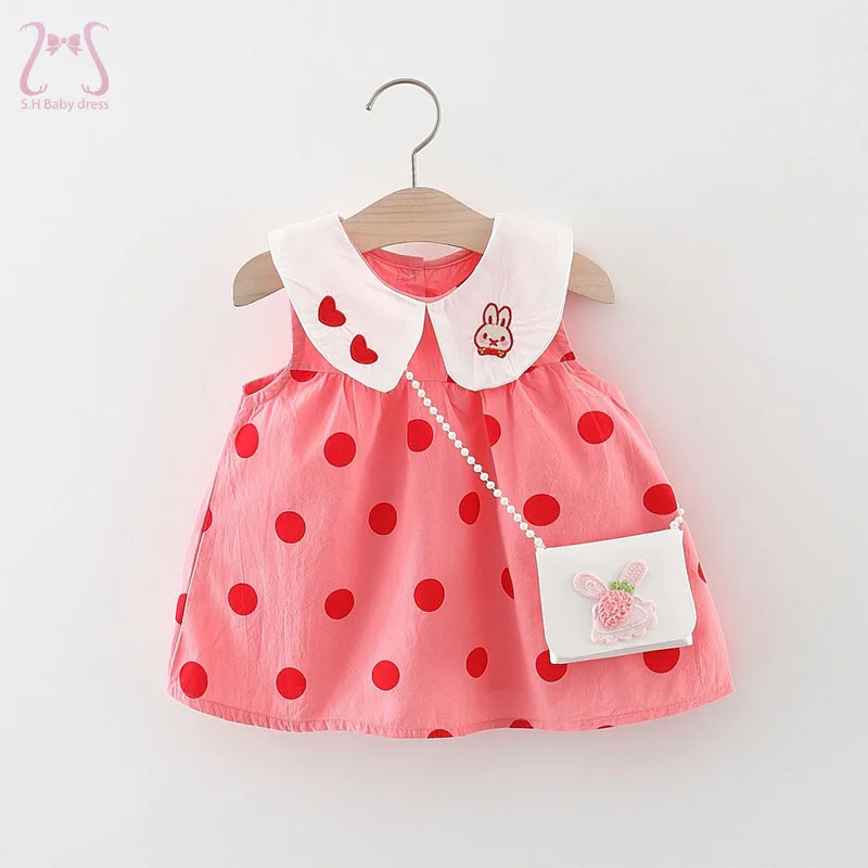 2Pcs/Set Cartoon Baby Girl Clothes Suit Summer Sleeveless Cute Rabbit Polka Dot Toddler Children\'s Dress + Bag 0 To 3 Years Old