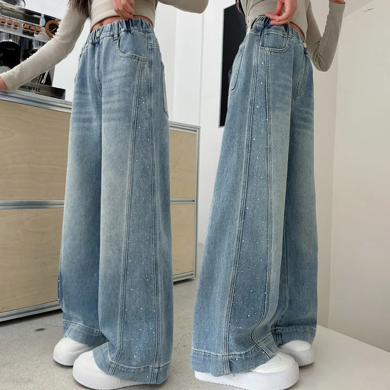 Jeans for Girls Fashion Clothes for Teenagers Solid Loose Kids Wide Leg Pants with Side Rhinestone Children Denim Trousers 4-14Y