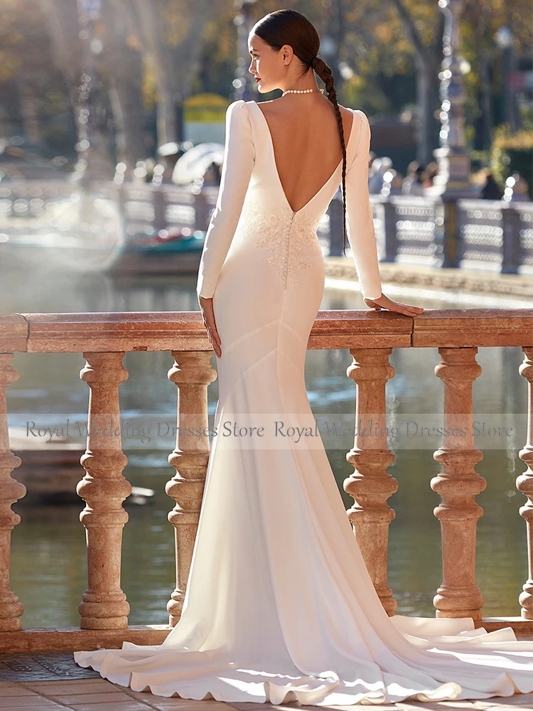 Modern Wedding Dress Mermaid Long Sleeves Applique Elegant Wedding Gowns for Women 2025 Bride V Neck Backless Bridal Dress White