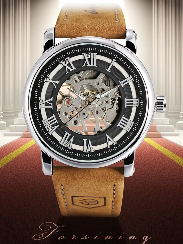 

FORSINING оригинальные стальные механические мужские часы со скелетом, часы с ручным механизмом, водонепроницаемые кожаные роскошные винтажные мужские наручные часы