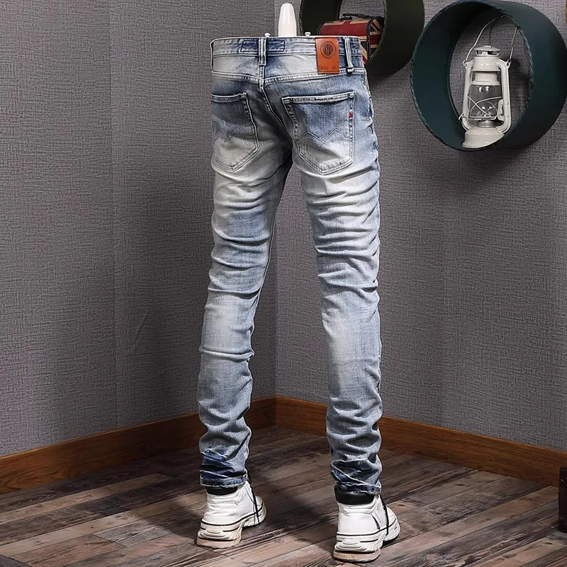 Fashion Vintage Men Jeans High Quality Plain Washed Retro Light Blue Elastic Slim Ripped Jeans Men Designer Denim Pants Hombre
