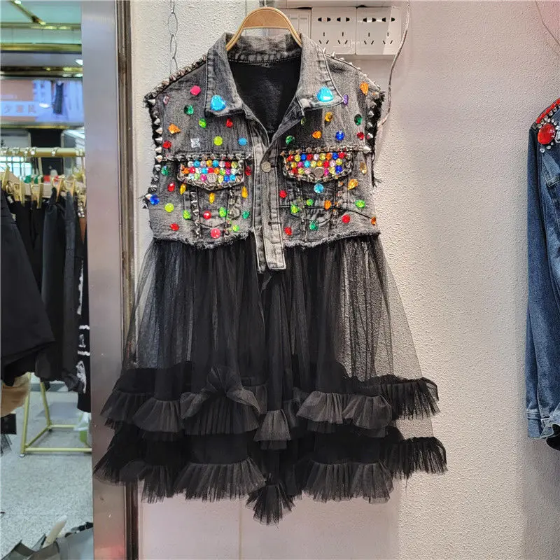 

Denim Spliced Mesh Crystal Rhinestones Vest Women Sleeveless Cardigan Y2k Clothing Streetwear Pockets Design Tops Jacket Vintage