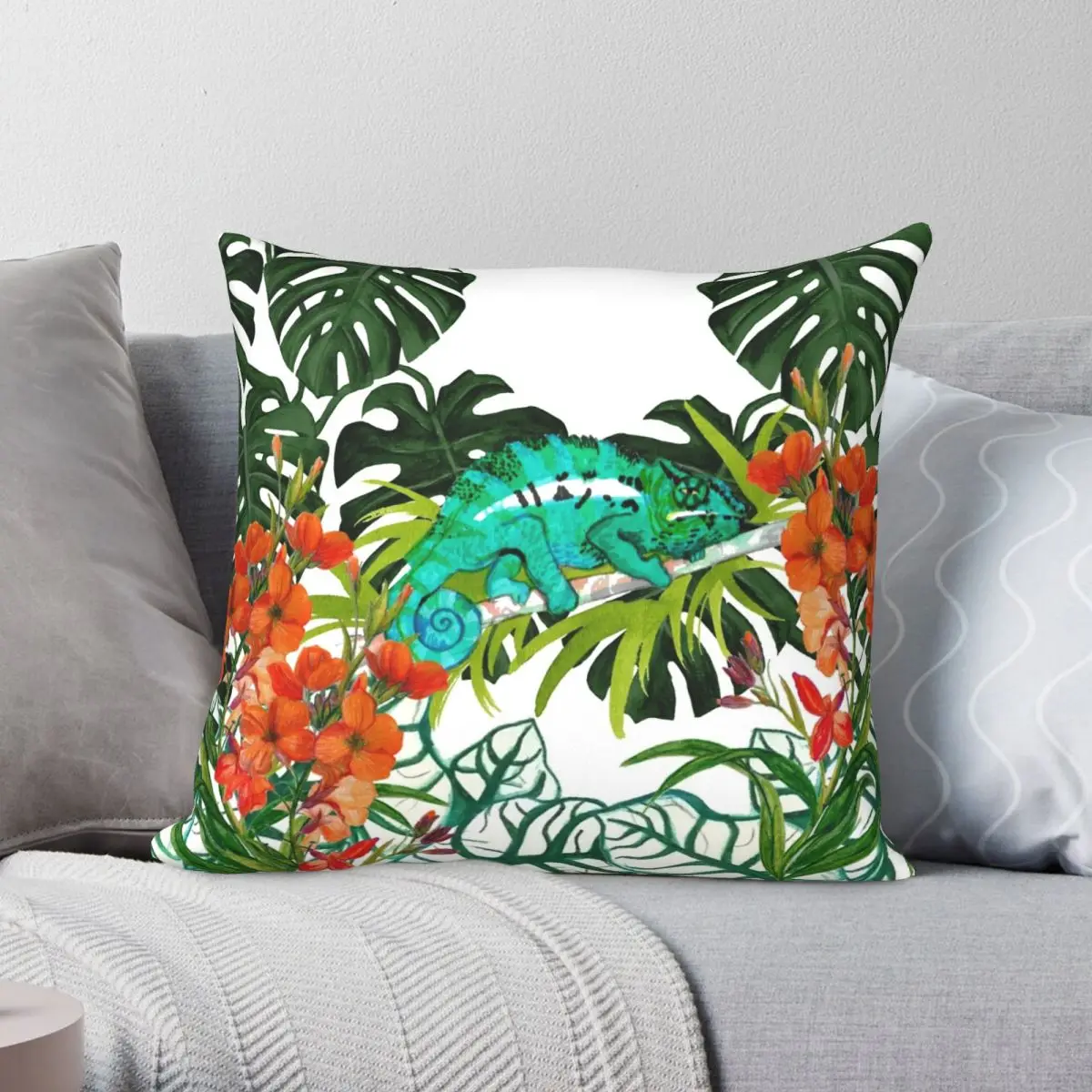 

Tropical Chameleon Pillowcase Polyester Linen Velvet Printed Zip Decor Home Cushion Case 18"