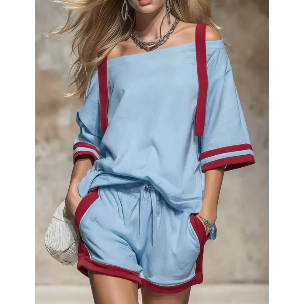 

Summer Women's Fashion Color-blocked Strapless Off-shoulder Top Set 2026 New Casual Loose Pocket Sports Shorts Female 2piece Set