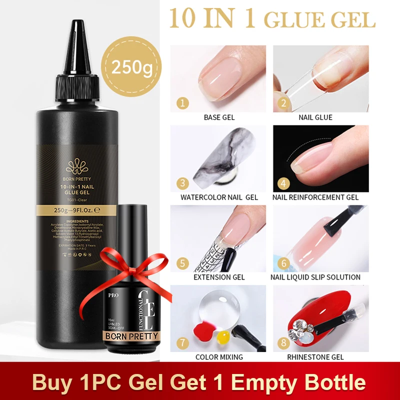 

BORN PRETTY 250 г Многофункциональный клей для ногтей большой емкости 6 в 1, гель-прочный клей для ногтей для накладных ногтей, наращивание ногтей