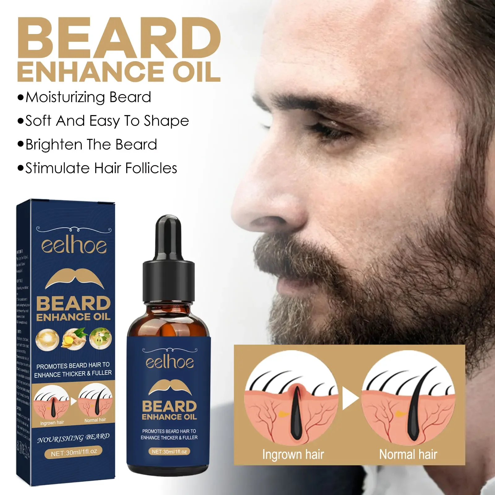 EELHOE Men's Beard Care Oil Moisturizing Smooth Strong Root Nourishing Thick Beard Oil Shaving Essential Oil