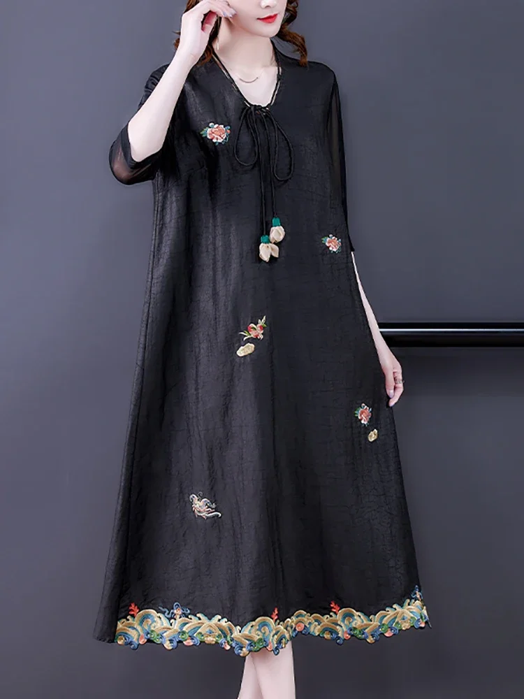 ฤดูร้อนผ้าไหมสีดําดอกไม้แขนสั้นVคอMidiชุดผู้หญิงเกาหลีVINTAGE Hepburnชุด 2025 Elegantหลวมเอวชุดปาร์ตี้
