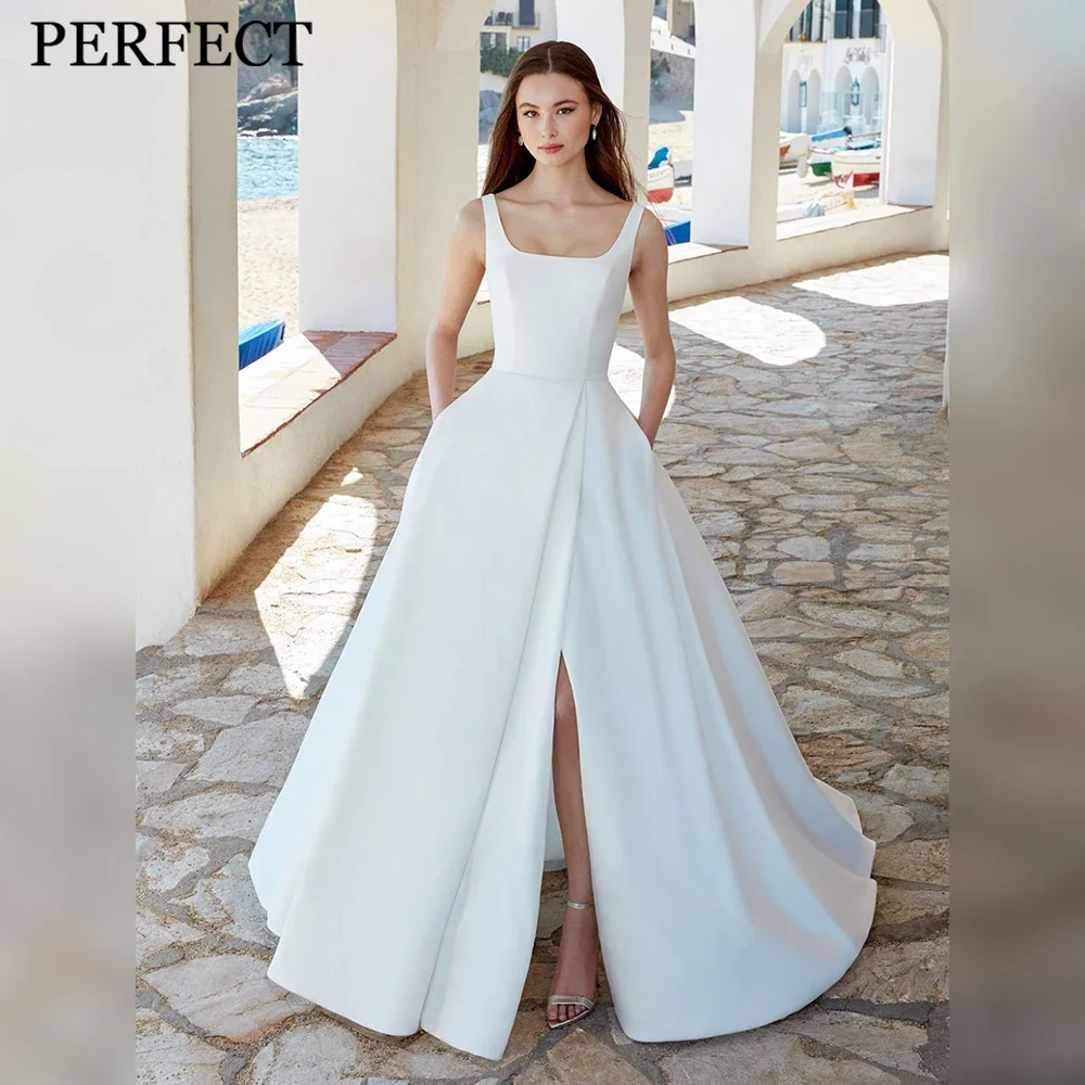 Elegant Wedding Dresses White Satin Tank Sleeveless Simple Bridal Gowns for Women 2024 Bride Open Back A Line Vestido de Novia