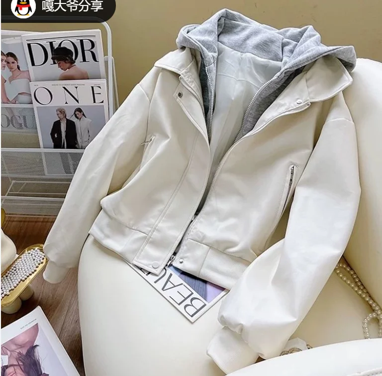 Korean Fashion Splice Design Hat Jacket Women's Spring 2026 Versatile Leather Jacket Fake Two-Piece Outerwear