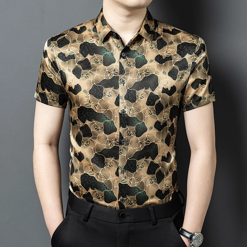 Satin Coolness Thin Print Shirts For Men Short Sleeved Easy Care Summer Quality Silk Blends Smooth Comfortable Camisas De Hombre