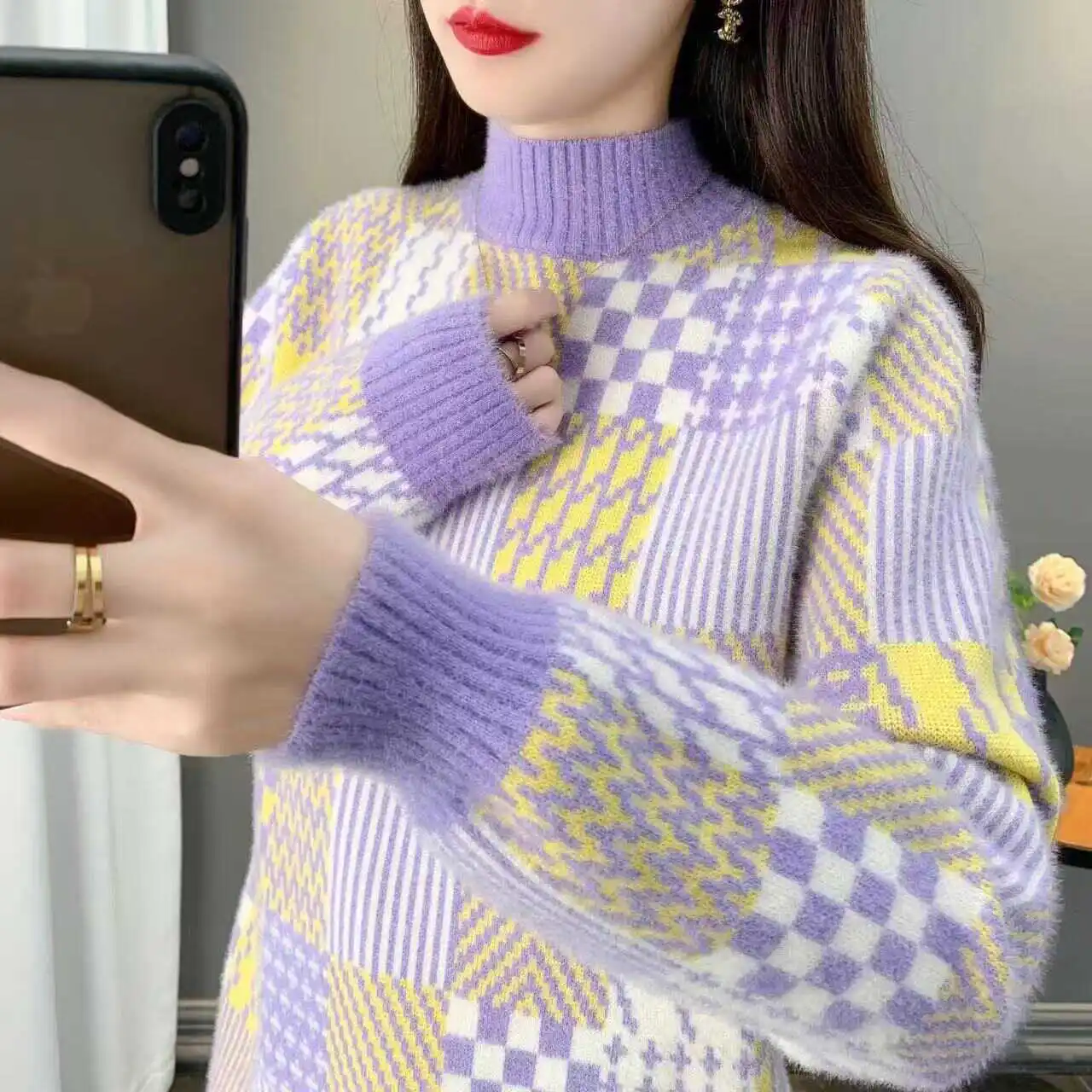 

Норковый кашемировый свитер, женский осенне-зимний свитер 2026, новый пуловер с полувысоким воротником, утепленный короткий трикотаж, нижняя рубашка, женский топ