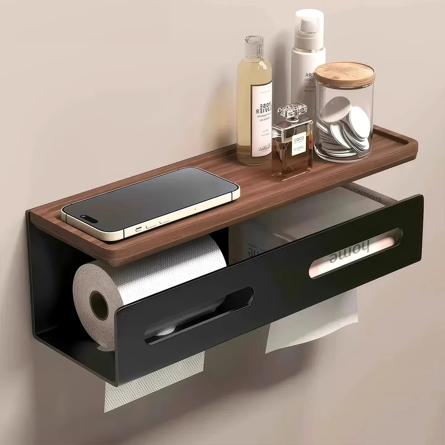 

Walnut bathroom tissue box rack wall mounted
