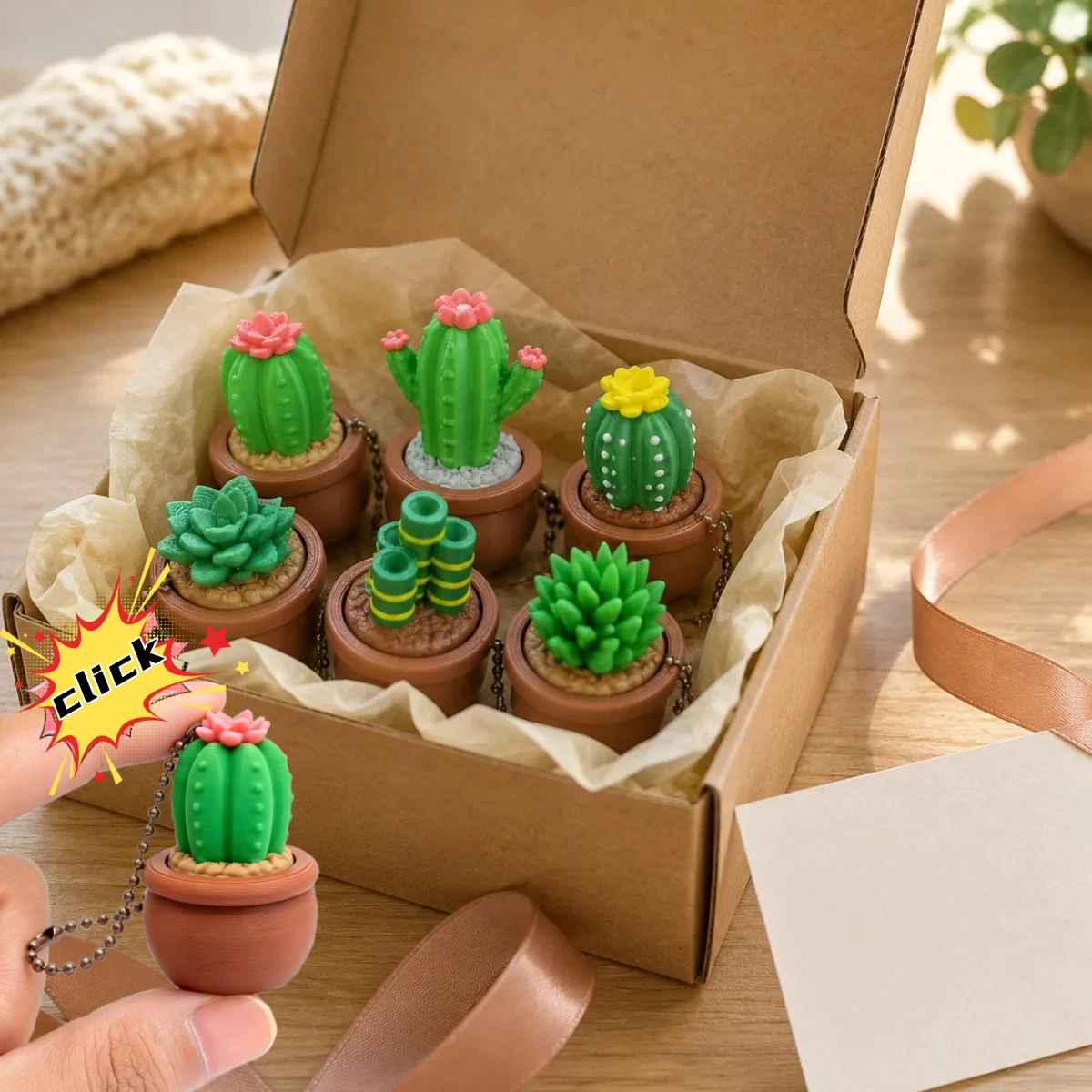 1~6PCS Ins Cactus Plant Clicker Keychains Bag Decorating Ornament Office Desktop Decompression Button Click Keyring Gifts