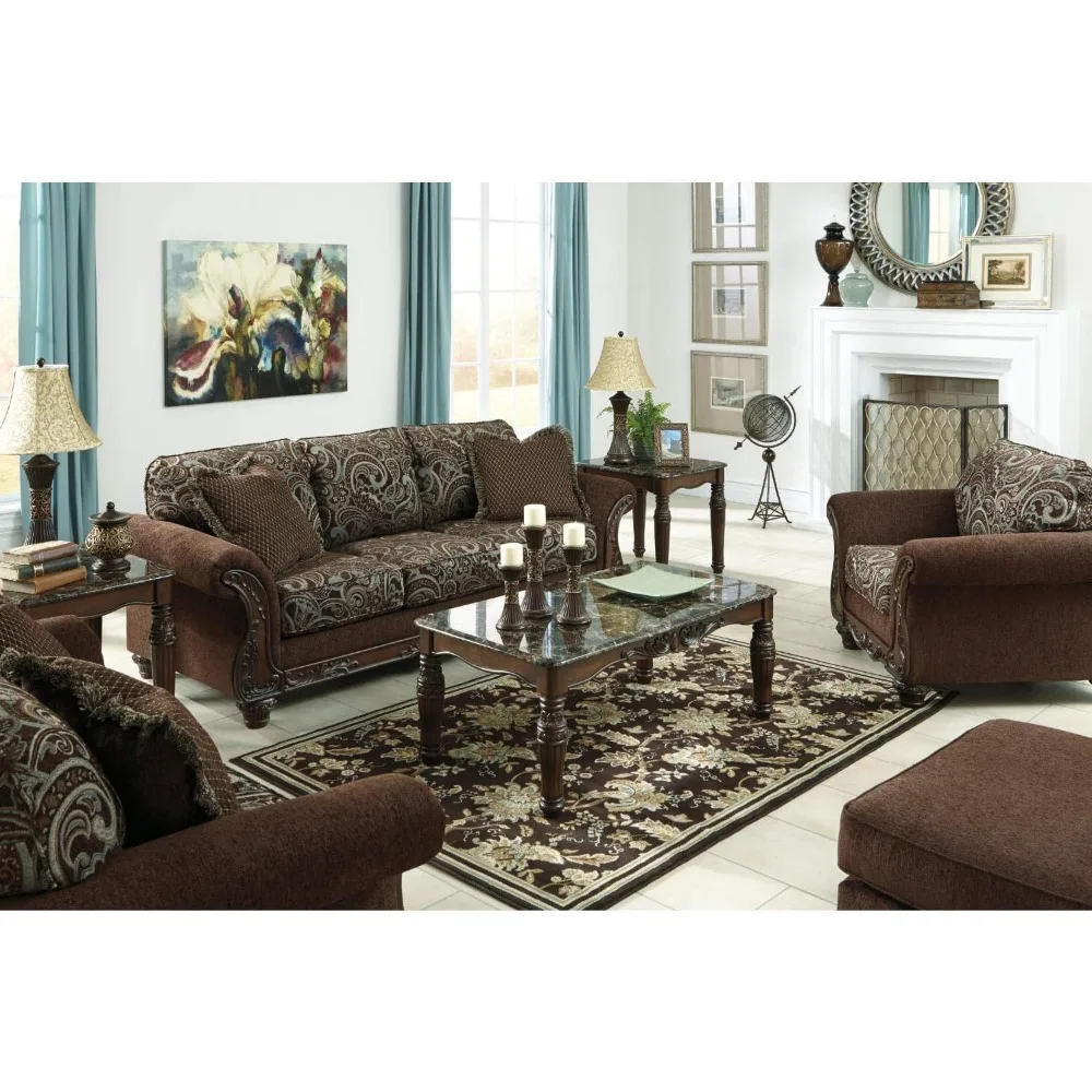 North Shore Traditional Faux Marble 3-Piece Table Set, Includes Coffee Table and 2 End Tables, Dark Brown