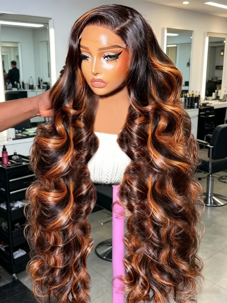 

1B/30 Ombre Brown Highlight Wig Body Wave 13x4 13x6 HD Lace Front Human Hair Wig 30 Inch 250 Density Deep Wave Curly Wig