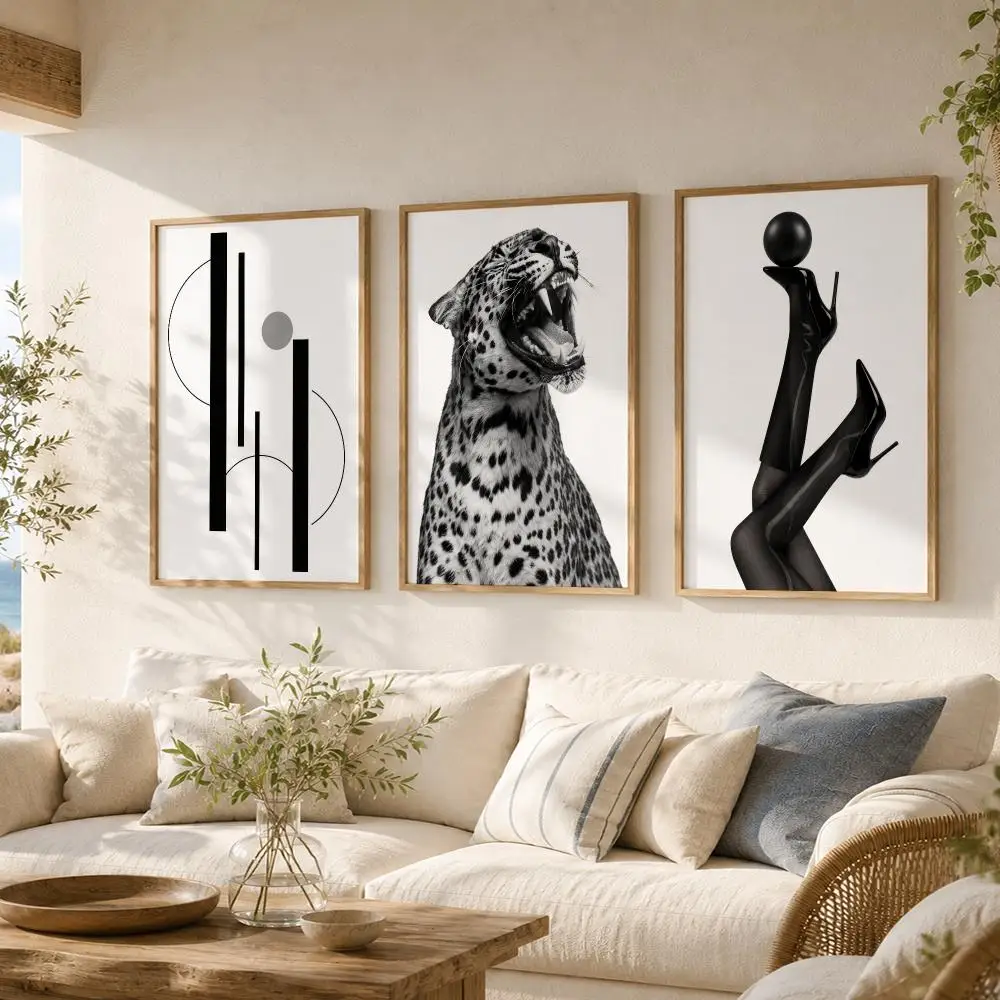 Monochrome Leopard City Painting Calligraphy 3 PCS Vintage Fashion Canvas Wall Art Prints for Living Room Decor