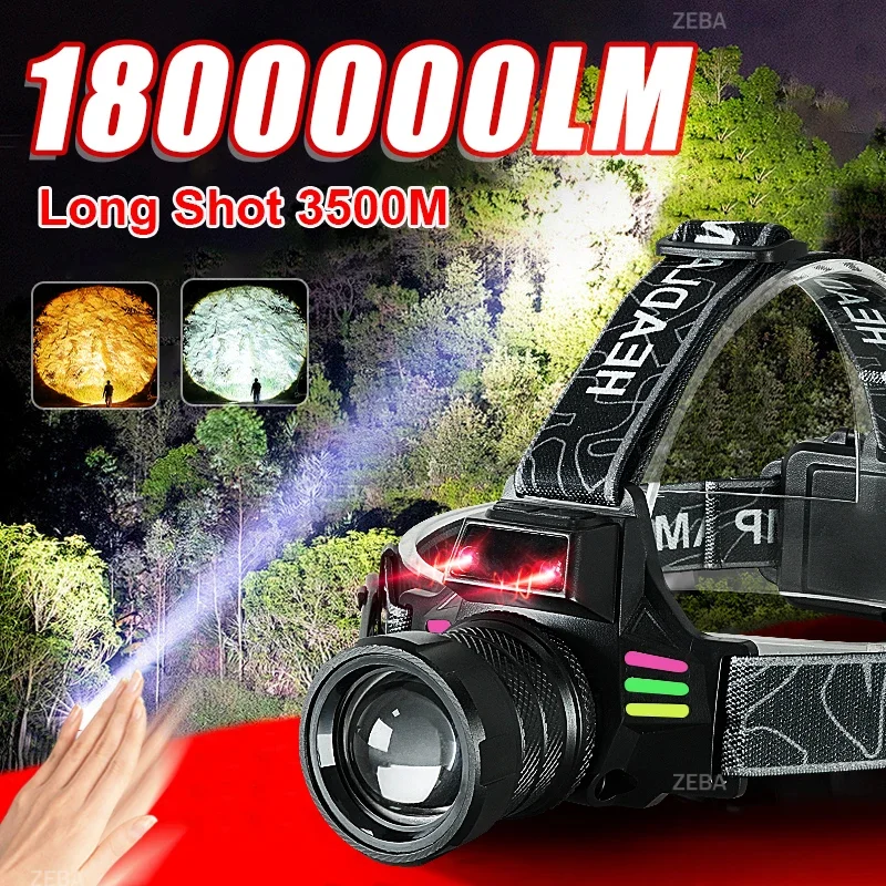 Outdoor Headlamp Multifunctional White+Yellow Light Zoomable Motion Sensor LED Headlight Super Bright Long Range Head Light