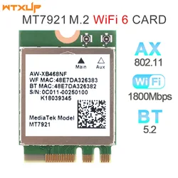 Placa de rede sem fio WiFi, Usado MediaTek MT7921K MT7921, Wi-Fi 6, 1800M, Bluetooth 5.2, NGFF, M.2, Suporta Windows 10 e 11