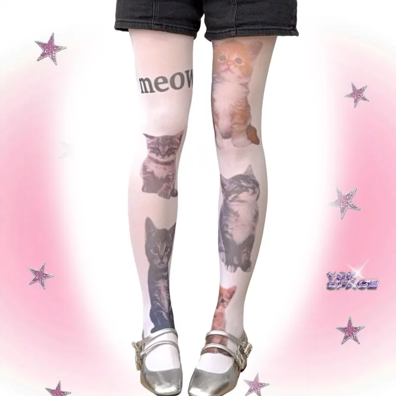 

JK Cat Printed Long Socks for Women Y2K Harajuku White Cosplay Stockings Girls Pantyhose Streetwear Lolita Over Knee High Socks