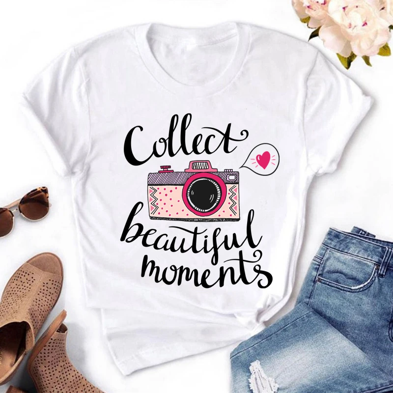 Women's Letter Camera Print T-Shirt, Casual Short Sleeve Tops, Summer Tees, Brand Fashion Clothing, HH244