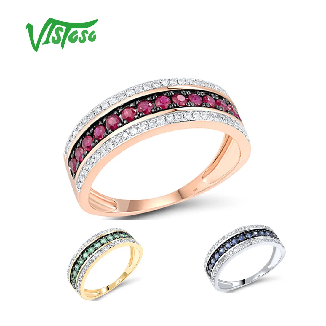 VISTOSO Pure 14K 585 Rose White Yellow Gold Ring For Women Sparkling Diamond Ruby Emerald Blue Sapphire Delicate Fine Jewelry