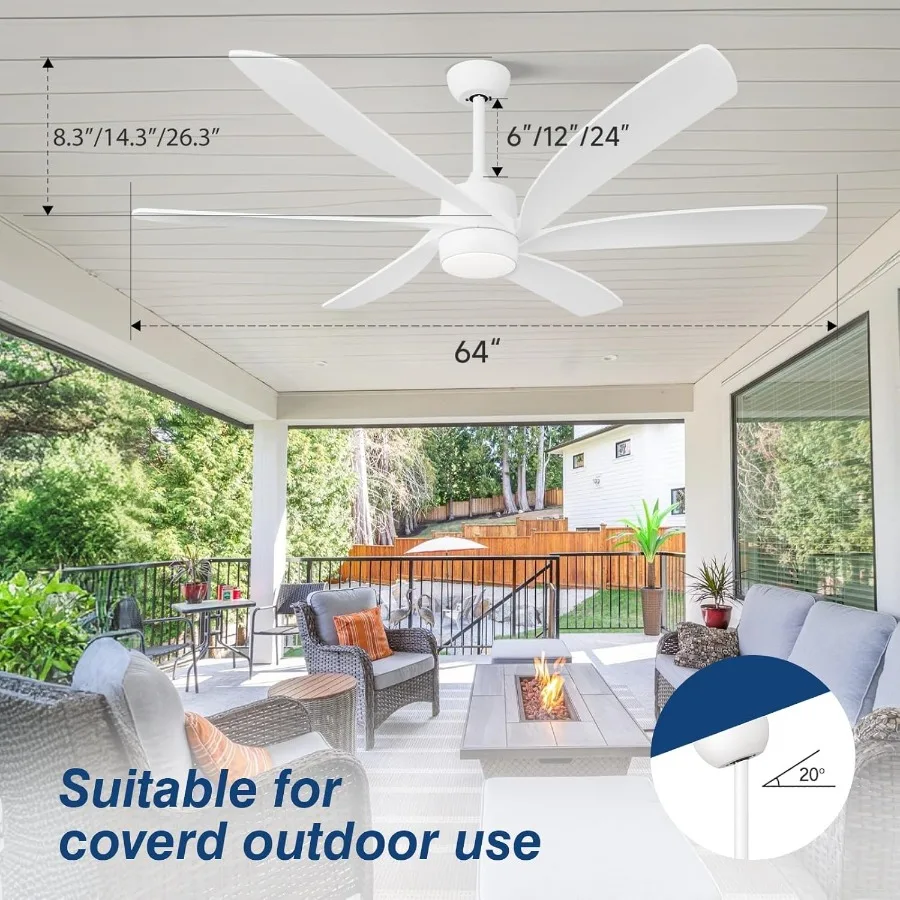 64-Zoll-Deckenventilator in Weiß mit Licht für große Terrassen im Freien, 6-flügeliges Design, geräuschloser Gleichstrommotor, hohe CFM-Leistung, modern