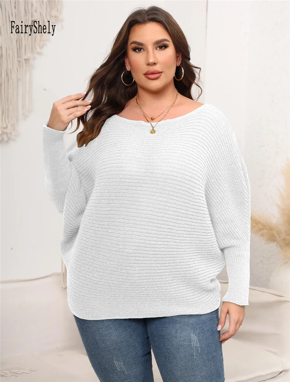 2024 Batwing Sleeve Plus Size Sweater Women Winter O-Neck Large Pullover Ladies Loose Oversize Jumper Big Jerseys Curvy Knitwear