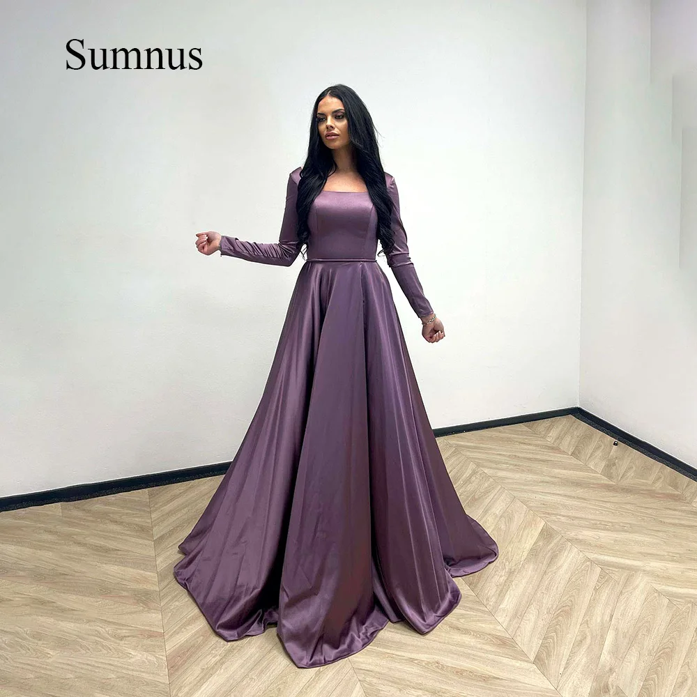 Sumnus-A 라인 새틴 사우디 아라비아 이브닝 파티 가운, 풀 슬리브 스퀘어 넥 무슬림 롱 포멀 가운, 2023 두바이 이브닝 드레스