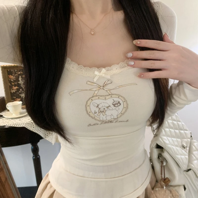 Pure Desire Lace Long Sleeve T-Shirt Women's Autumn Design Versatile Print Halter Top