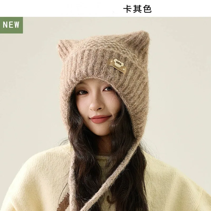 قبعات صوفية نسائية لطيفة للخريف والشتاء، قبعات كورية كاجوال لحماية الأذن بحزام دافئ #6