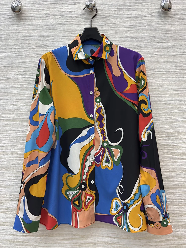 

Весенне-летняя модная женская блузка из шелка с геометрическим принтом, свободного кроя, с отложным воротником, длинными рукавами и однобортной застежкой