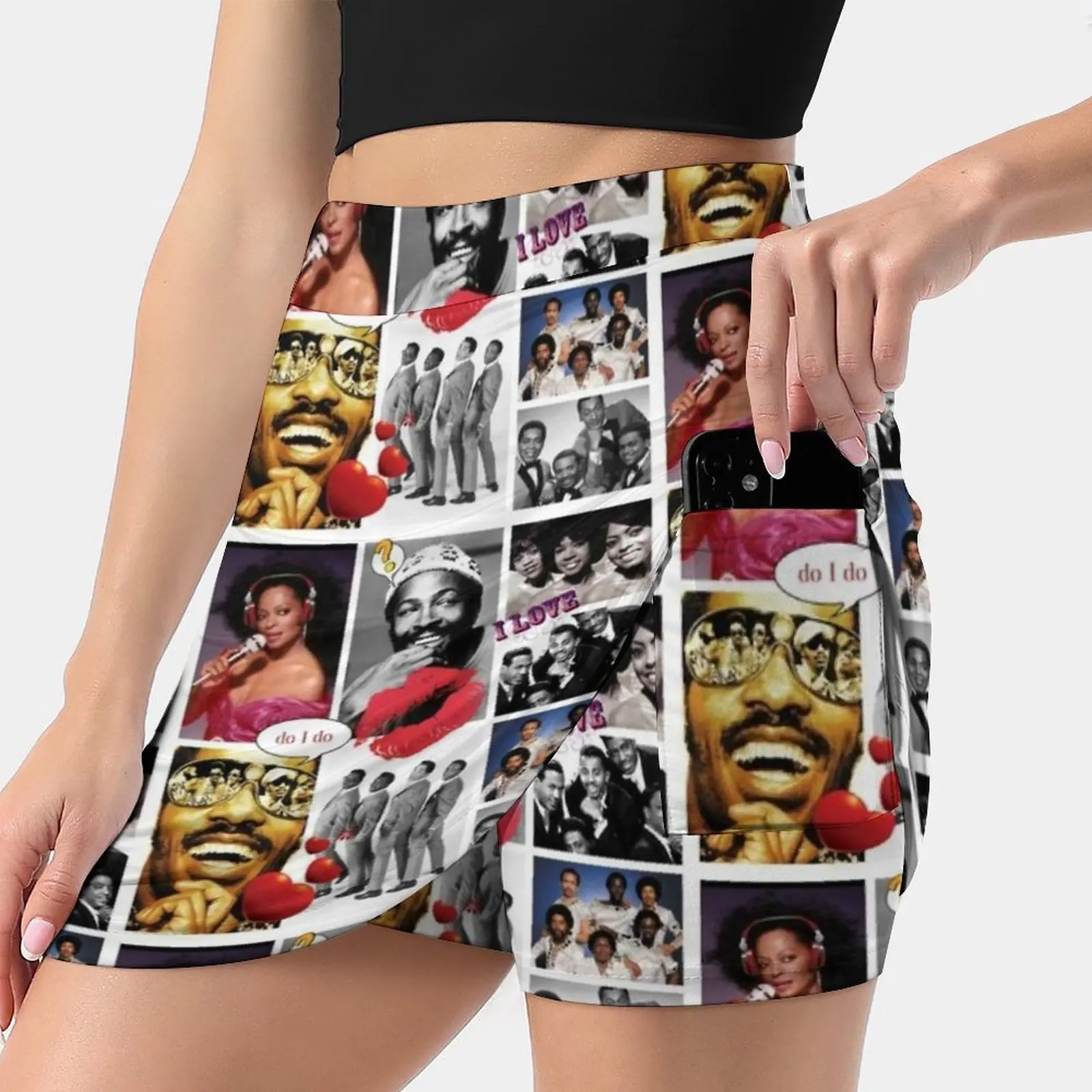 

Motown музыкальная Женская мини-юбка, трапециевидная Юбка со скрытым карманом, звезды мотана, поп-музыка, любовь, прекрасные цвета, знаменитости