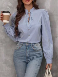 Women V-Neck Button Down Long Sleeve Top Solid Color Striped Shirt Office Lady Work Clothes