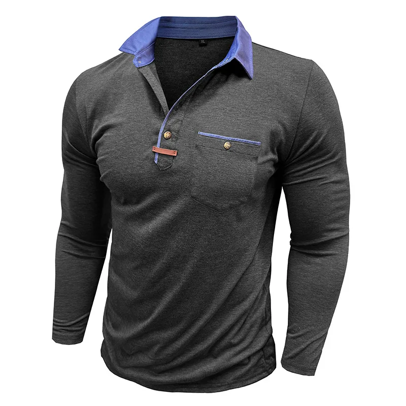 Langarm-Poloshirt für Herren, lässig, schmale Passform, Henley-Kragen, T-Shirt mit Tasche, Smart Blend Tops – Detail 22