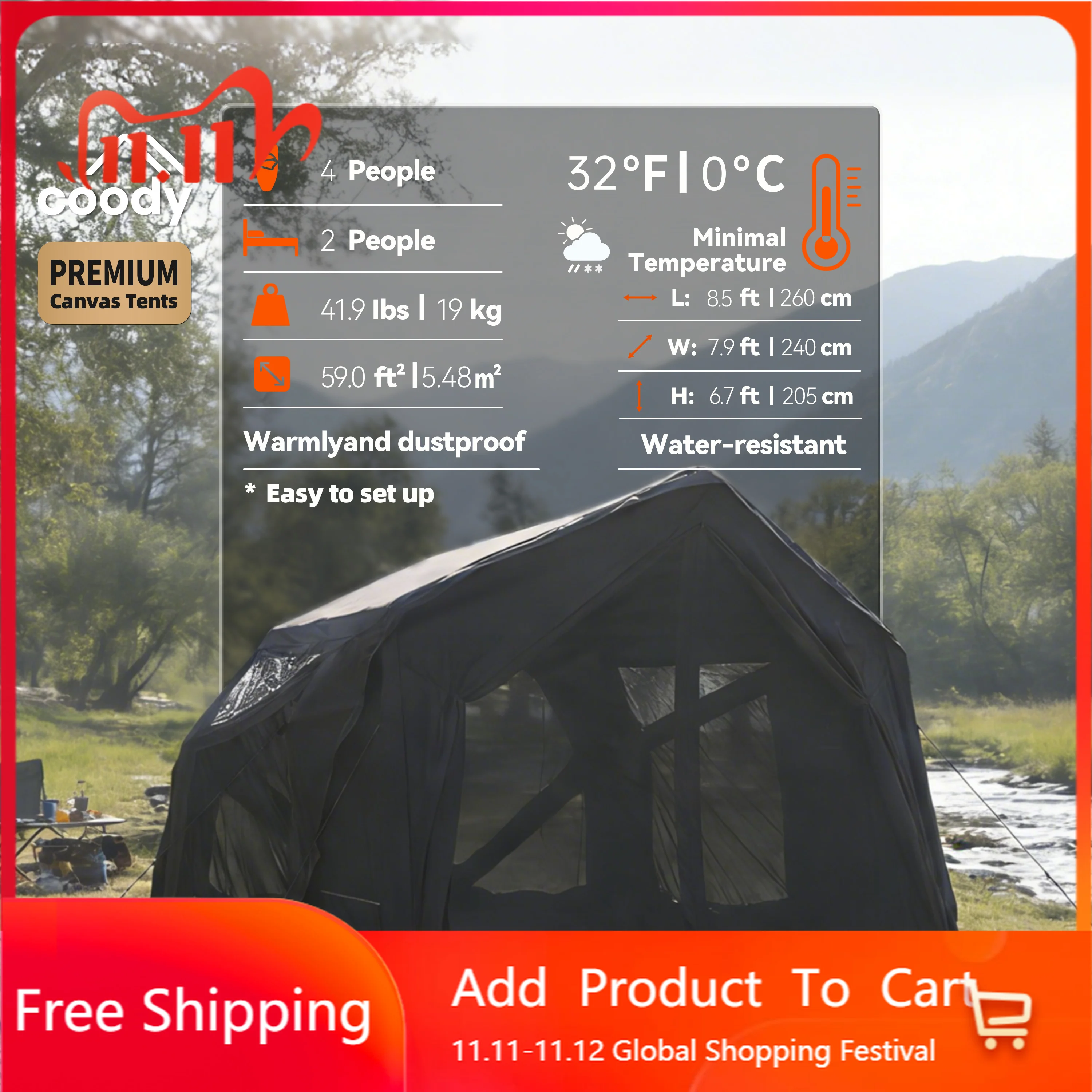 Coody Yustona Black Cotton Inflatable Tent Durable Family Outdoor Camping Shelter