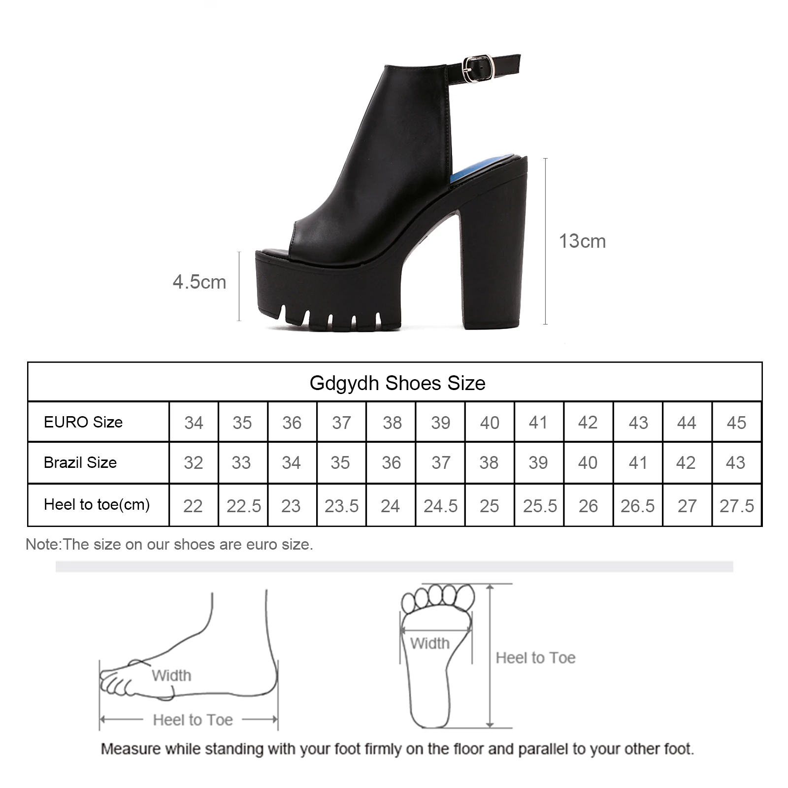 Gdgydh Women\'s Platform Block High Heels Black Peep Toe Ankle Buckle Strap Slingback Sandals Fashion Party Pumps Punk Style