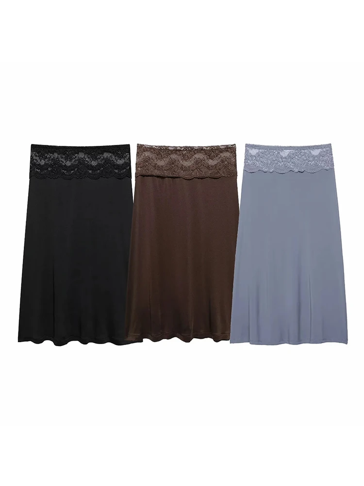 Jupes élégantes en dentelle patchwork pour femmes, jupes midi décontractées basiques à taille basse pour femmes, mode estivale streetwear pour femmes