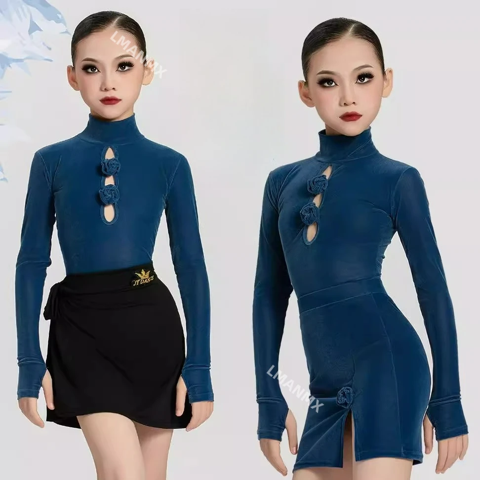 

Новое платье для латинских танцев 2025 года, бархатный комплект с длинными рукавами, платье ручной работы с цветочным узором