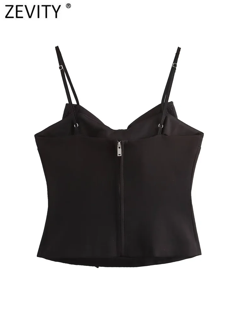 Zevity 2024 Women Sexy Sequined Big Bow Design black Sling Blouse Female Back Zipper Streetwear Shirts Blusas Chic Tops LS7224